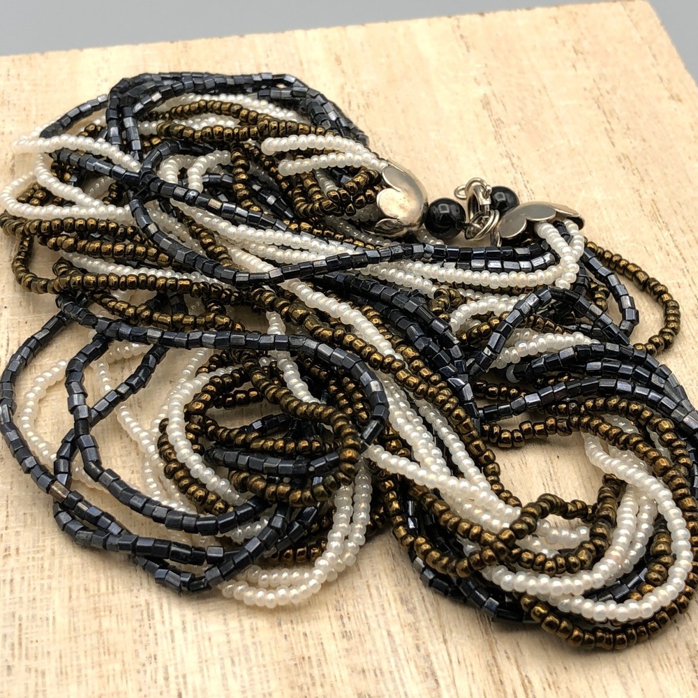 Vintage Multi Strand Seed Bead Necklace Black White Bronze Glass Torsade 17 Inch
